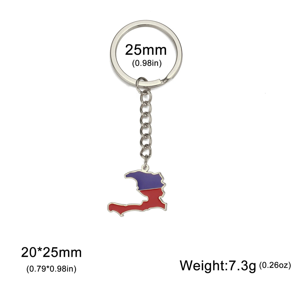 Skyrim Colored Drip Oil Haiti Map Pendant Keychain Stainless Steel Men's and Women's National Flag Keychain Patriotic Jewelry