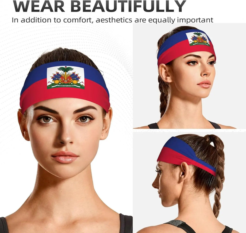 Haitian Flag Printed Sports Headband, 4.3in Width, Elastic Band at The Back, not Tight, Suitable for Men and Women