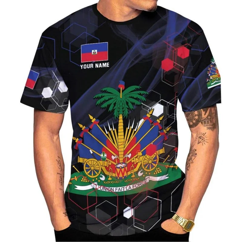 Haiti National Emblem Pattern T-Shirt For Men Customized 3D Printed Tees Summer Casual Loose T Shirts O-Neck Top Short Sleeves