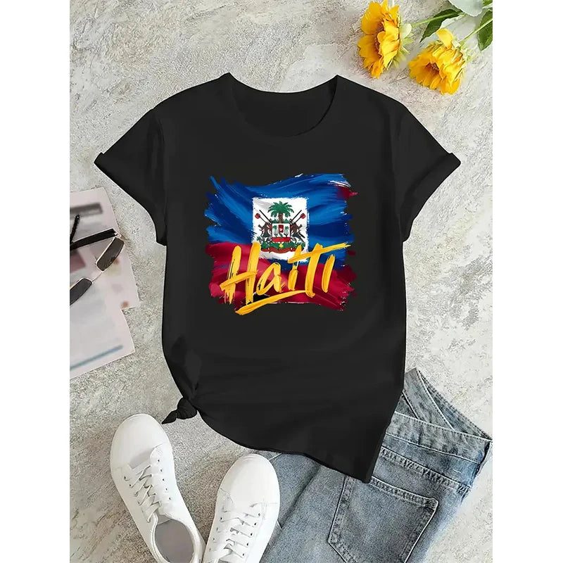 Haiti Men's T-shirts Casual Loose Round Neck Haitian Flag Short Sleeved Tops Tees Men's Clothing Oversized T shirts Streetwear