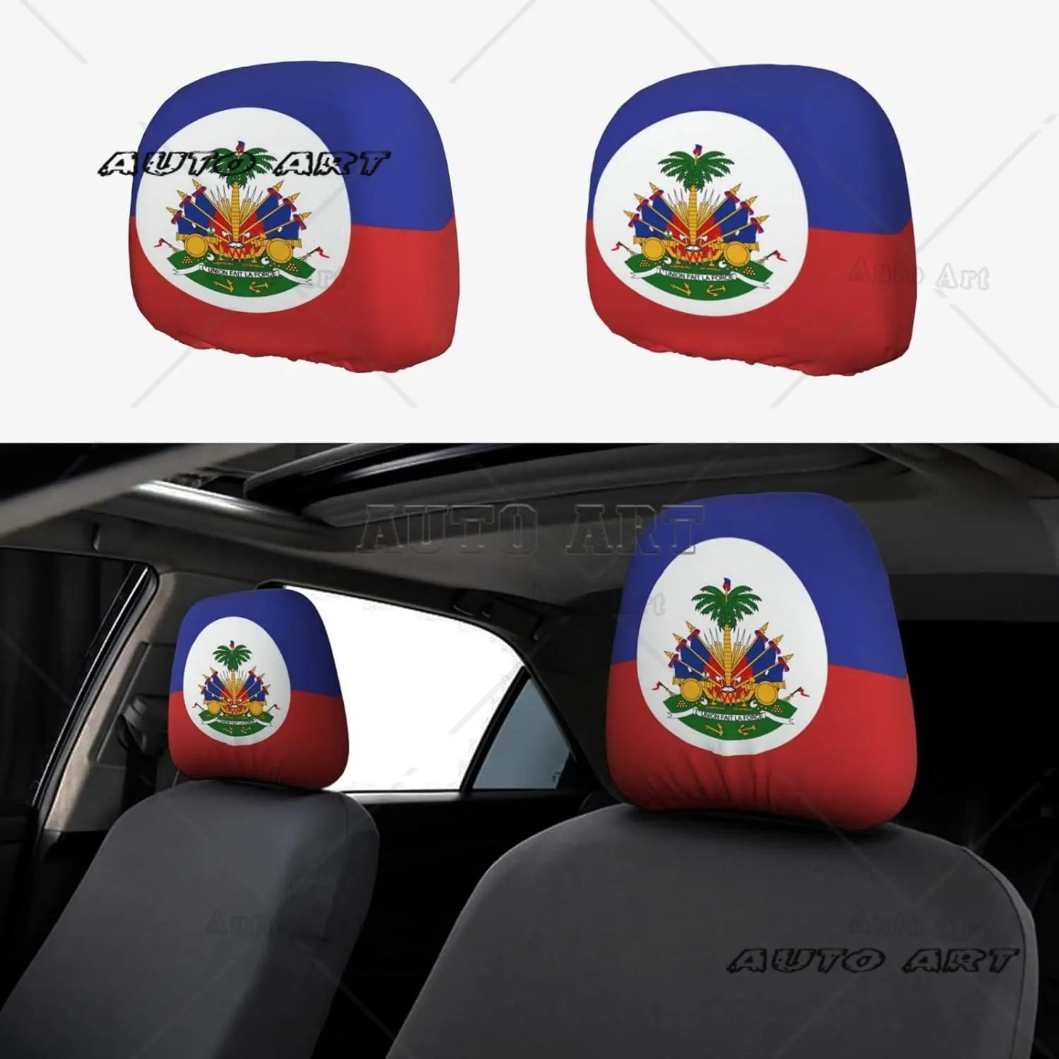 2 Pcs Haiti Flag Headrest Covers Cute Funny Car Headrest Protector Seat Cover Accessories Universal Fit for Cars Truck SUV Van