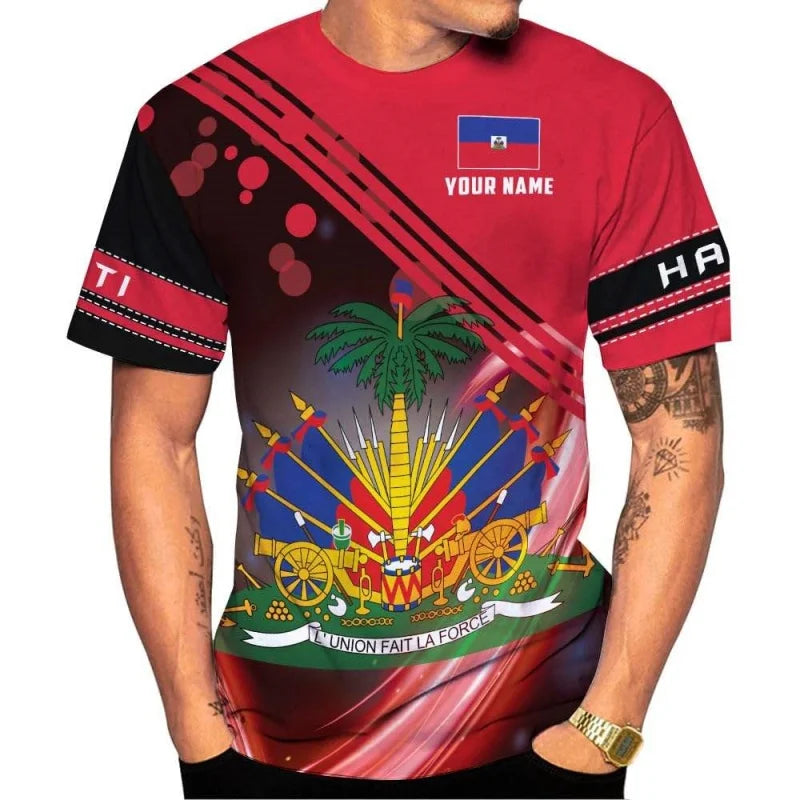 Haiti National Emblem Pattern T-Shirt For Men Customized 3D Printed Tees Summer Casual Loose T Shirts O-Neck Top Short Sleeves