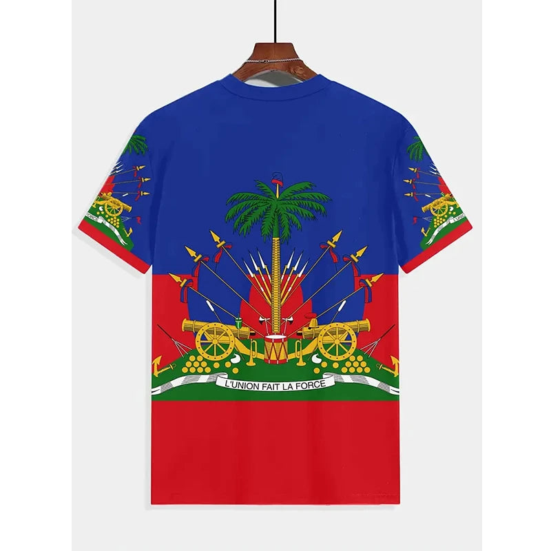 Haiti Men's T-shirts Casual Loose Round Neck Haitian Flag Short Sleeved Tops Tees Men's Clothing Oversized T shirts Streetwear