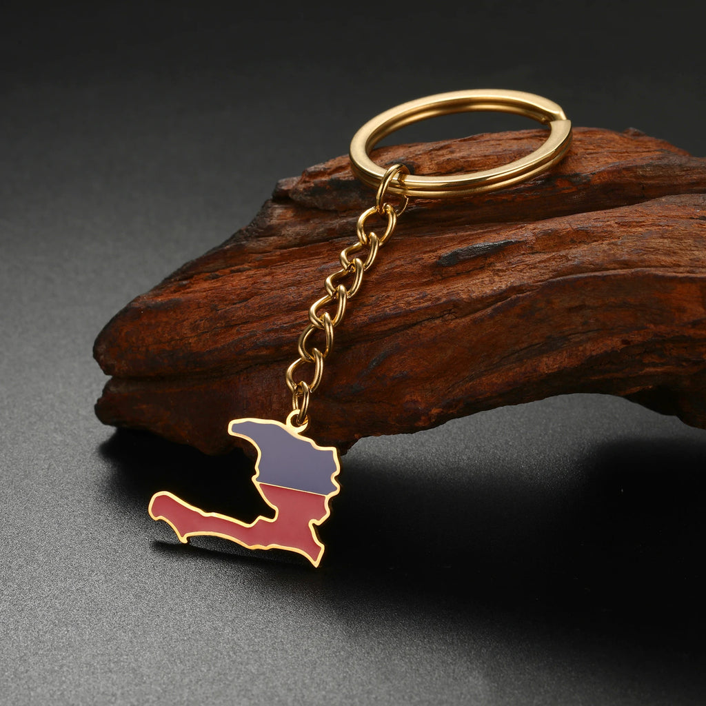 Skyrim Colored Drip Oil Haiti Map Pendant Keychain Stainless Steel Men's and Women's National Flag Keychain Patriotic Jewelry