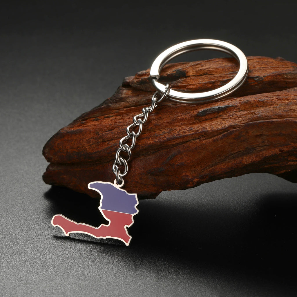 Skyrim Colored Drip Oil Haiti Map Pendant Keychain Stainless Steel Men's and Women's National Flag Keychain Patriotic Jewelry