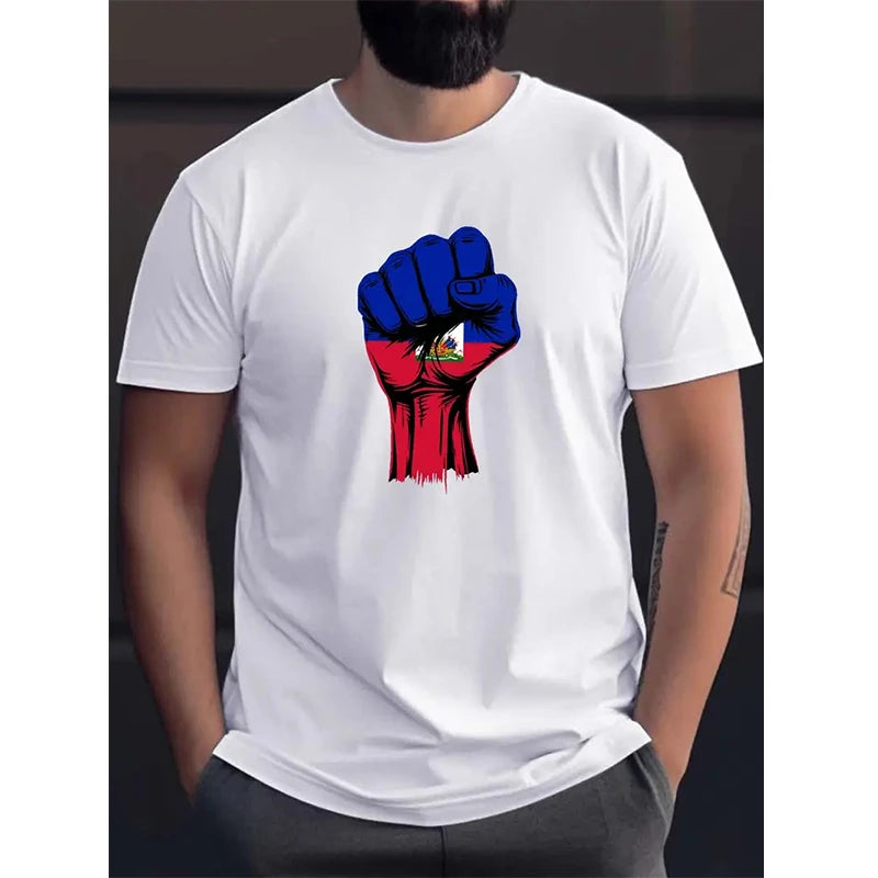 Haiti Men's T-shirts Casual Loose Round Neck Haitian Flag Short Sleeved Tops Tees Men's Clothing Oversized T shirts Streetwear