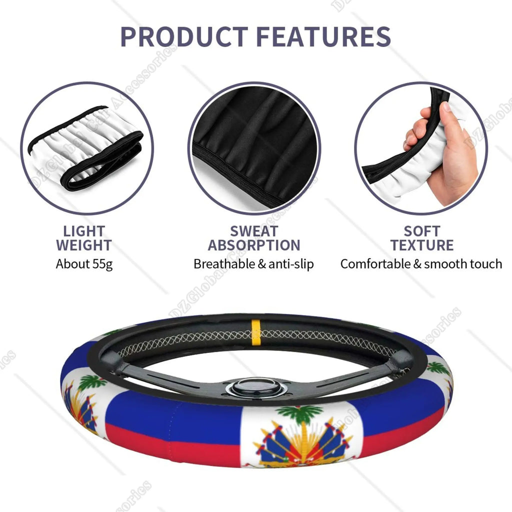 Haiti Flag Steering Wheel Cover Car Accessories Auto Steering Wheel Cover Protector Anti-Slip Durable Universal 15 Inch Fit Cars