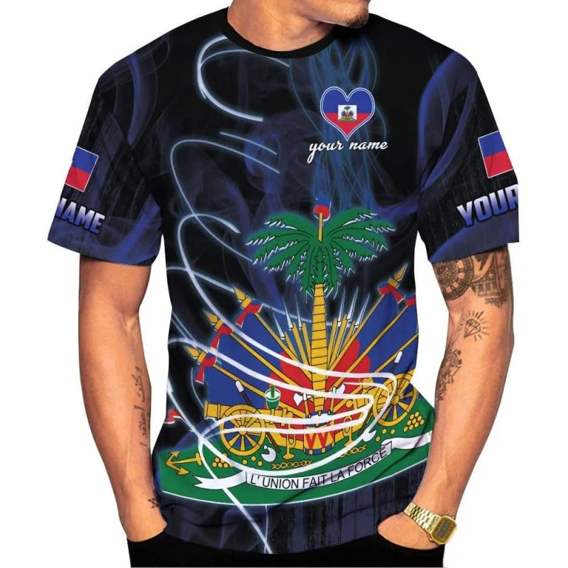 Haiti National Emblem Pattern T-Shirt For Men Customized 3D Printed Tees Summer Casual Loose T Shirts O-Neck Top Short Sleeves