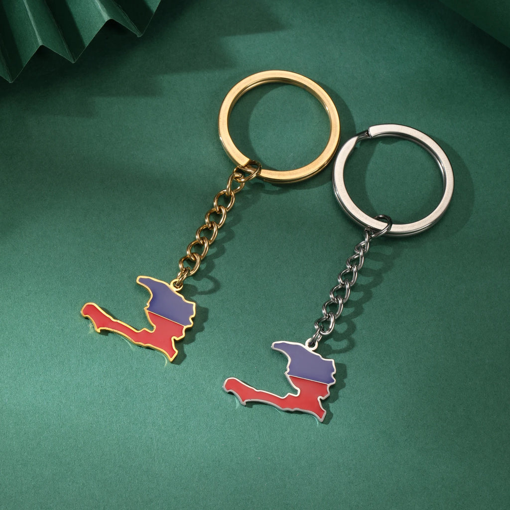 Skyrim Colored Drip Oil Haiti Map Pendant Keychain Stainless Steel Men's and Women's National Flag Keychain Patriotic Jewelry