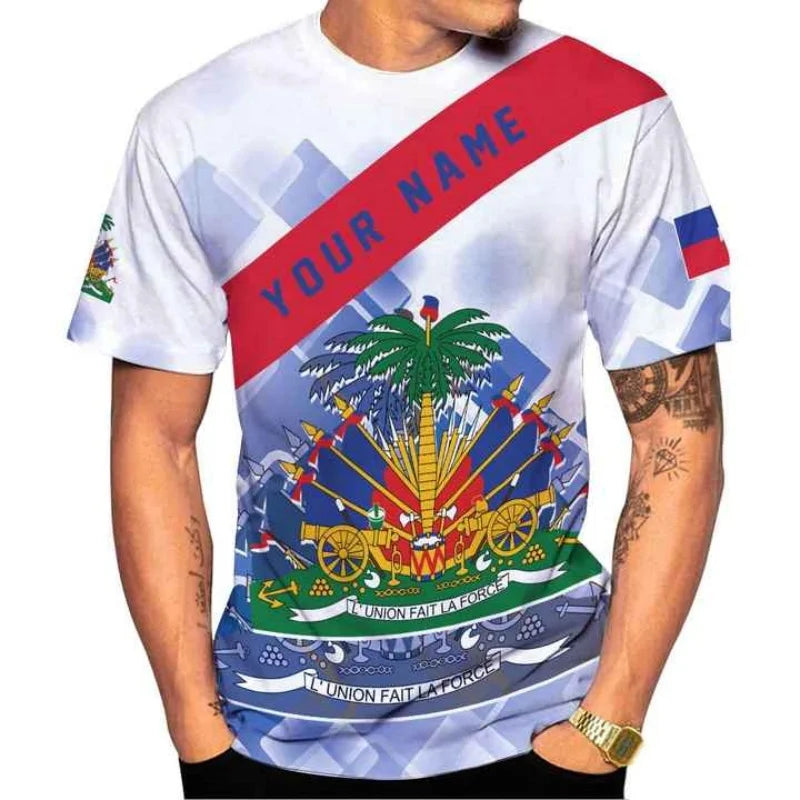 Haiti National Emblem Pattern T-Shirt For Men Customized 3D Printed Tees Summer Casual Loose T Shirts O-Neck Top Short Sleeves