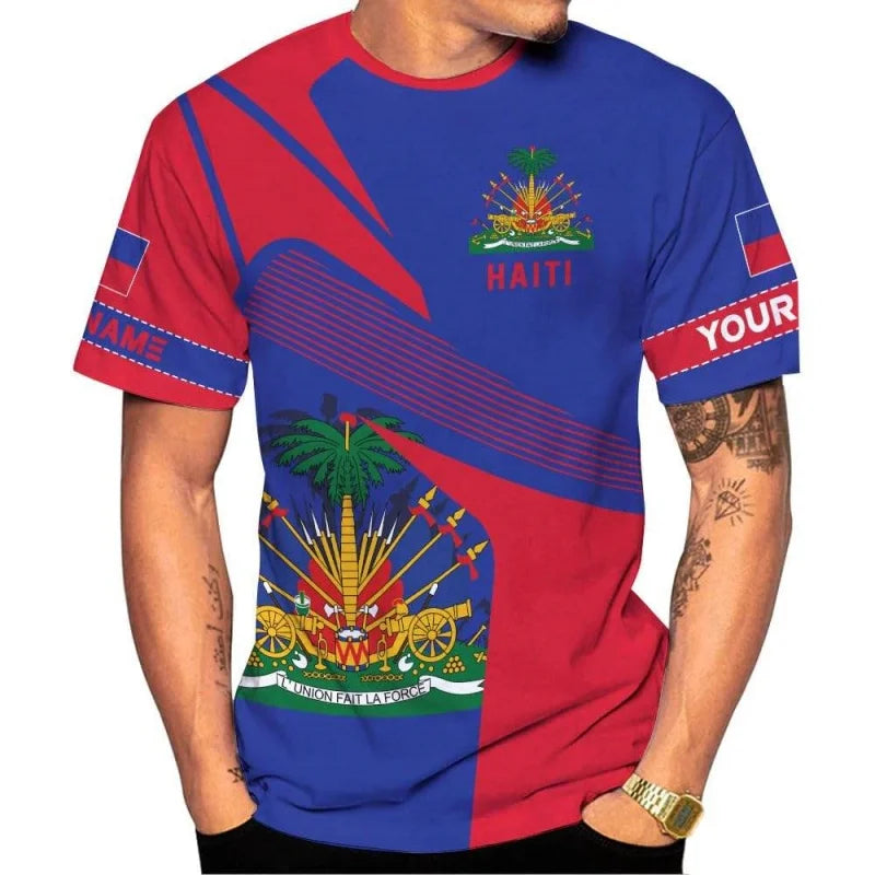 Haiti National Emblem Pattern T-Shirt For Men Customized 3D Printed Tees Summer Casual Loose T Shirts O-Neck Top Short Sleeves